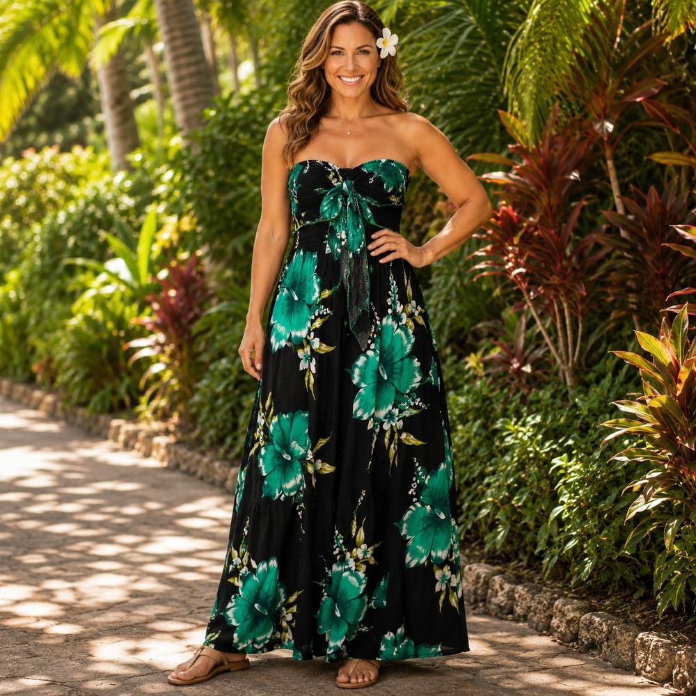Aloha Fashion Hawaii Hibiscus Floral Smocked Strapless Maxi Dress Black Green OS